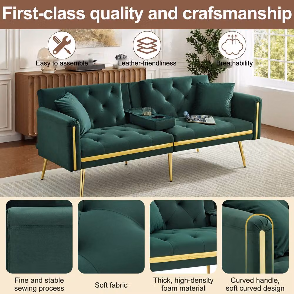 Merax Green Velvet Sofa Bed with Gold Trim and Fold-Down Cup Holders, W: 174 cm, H: 76 cm, D: 71.5 cm – 3