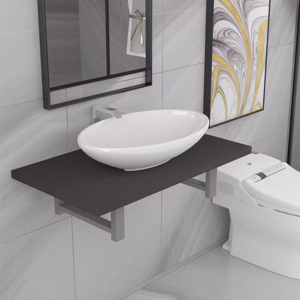 Berkfield Home Two Piece Modern Bathroom Furniture Set in Grey and White with Ceramic Mirror Cabinet – 1