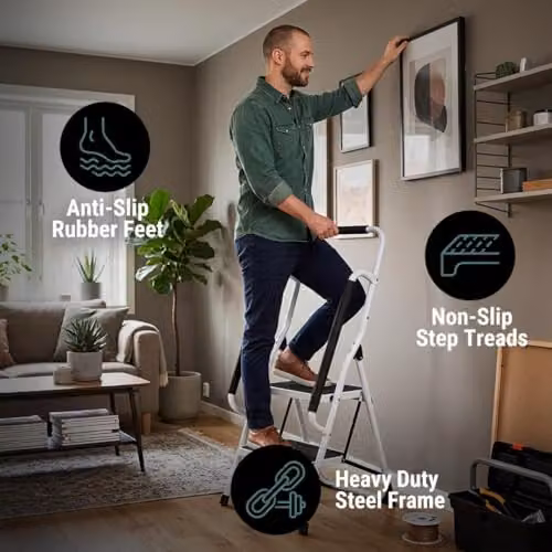 Gr8 Home 2 Step Folding Steel Ladder with Safety Grab Rail in White – 4
