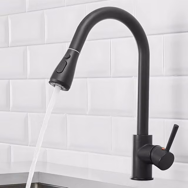 Heable Matte Black Single-Lever Pull-Down Kitchen Mixer Tap with Spray Function and Swivel Spout