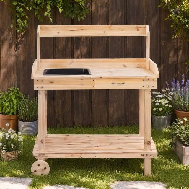 STILVORA Potting Bench with Sink and Drawer in Natural Wood Brown