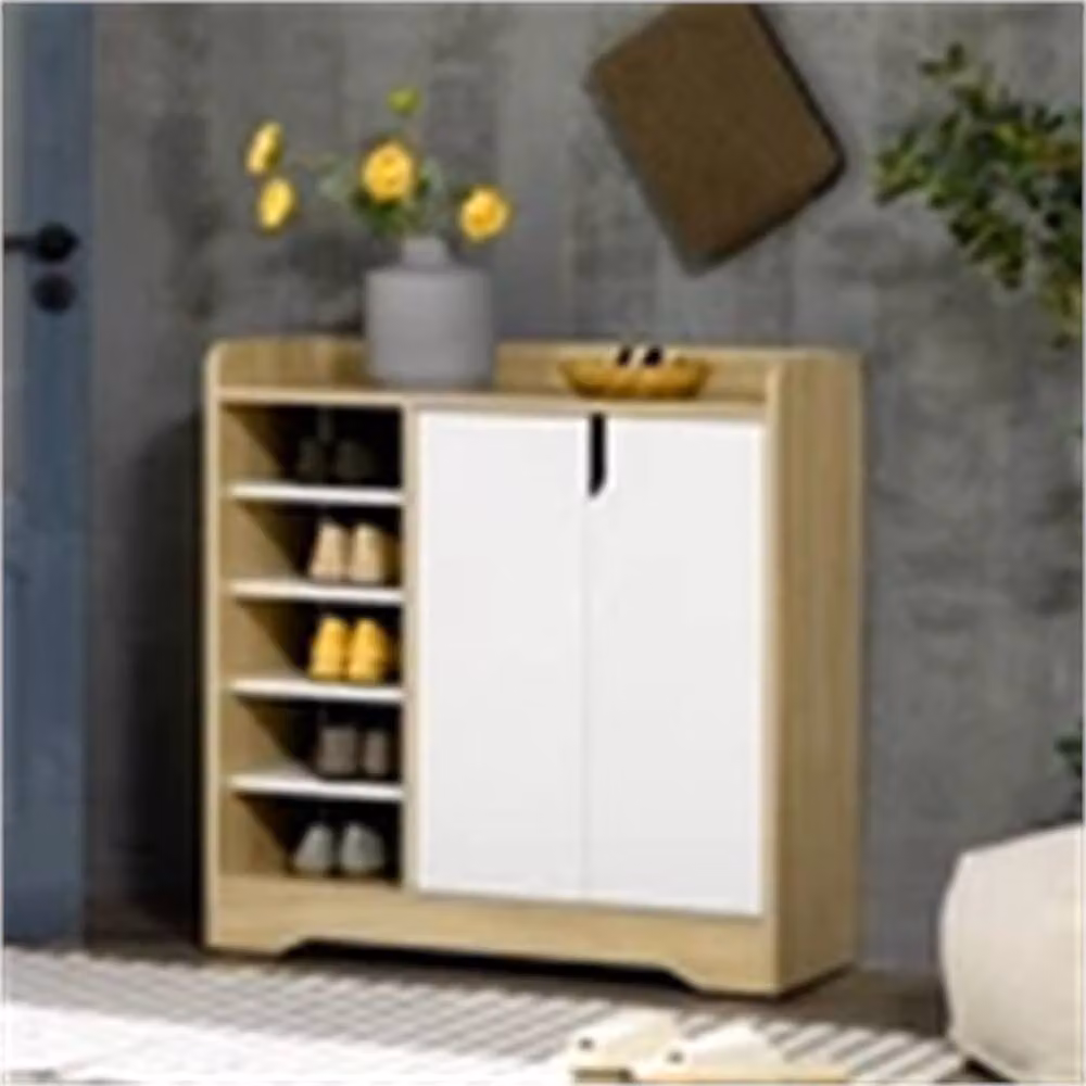 SPETLEK Shoe Storage Organizer Cabinet with Double Doors and Open Shelves in Natural and Beige, W/D/H: 80 x 30 x 80 cm – 4