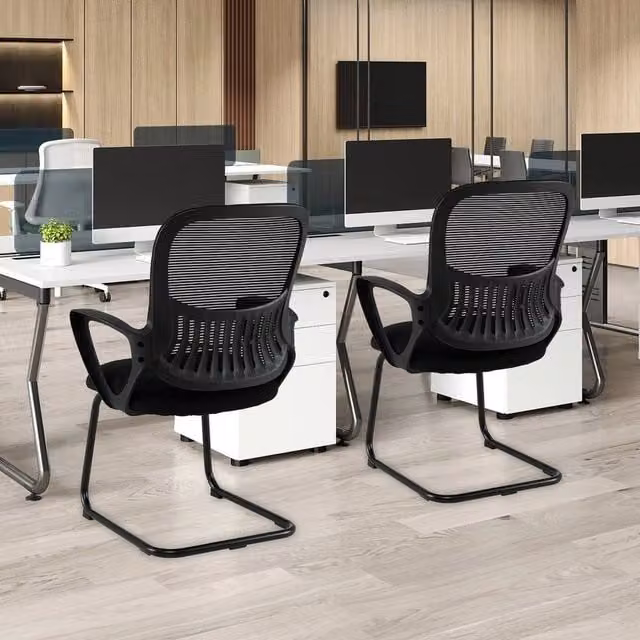 Kelvenix Set of 2 Black Fabric Conference Room Chairs with Integrated Armrests and Metal Frame