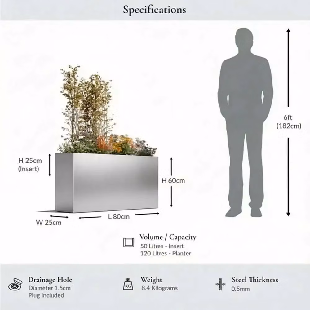 Woven Wood Silver Zinc Trough Planter, W: 80 cm, H: 60 cm, D: 25 cm – 2