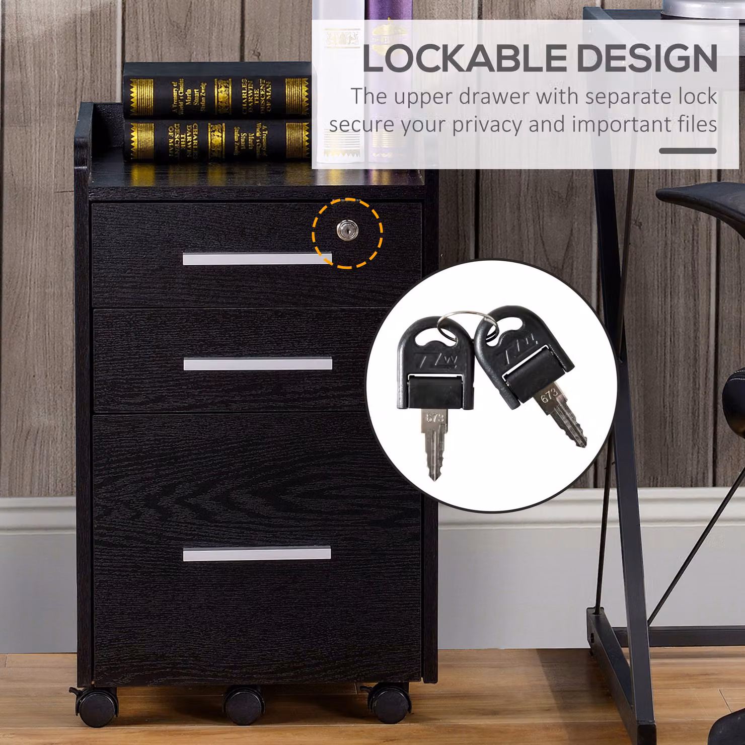 HOMCOM Three-Drawer Lockable Filing Cabinet in Black with Castors – 6