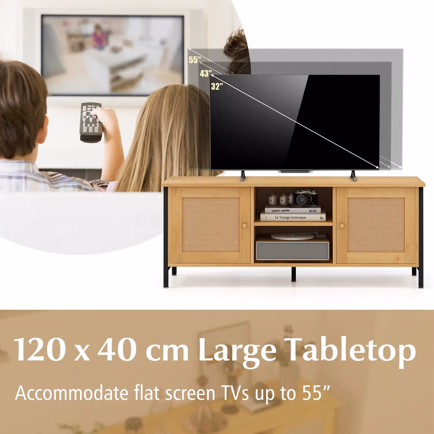 Gymax Boho PE Rattan Media Console Table for TVs up to 55 inch, Beige – 2