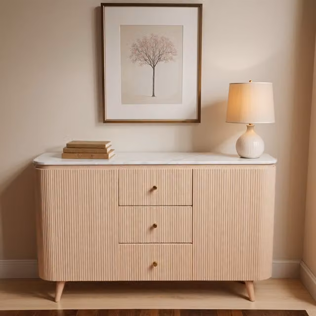 IH Design Bundi Extra Large Modern Sideboard in Brown and Beige Mango Wood with Natural Marble and Lacquered Stone Details