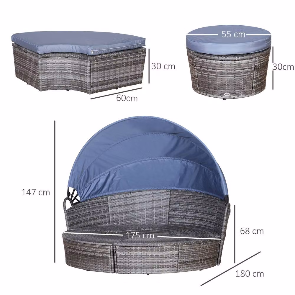 STILVORA Modern Grey Sofa Set with Retractable Canopy and Rattan Metal Frame – 3
