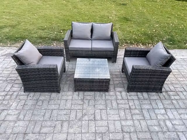 Fimous 4 Piece Outdoor Lounge Sofa Set with Armchairs and Square Coffee Table in Dark Grey PE Rattan