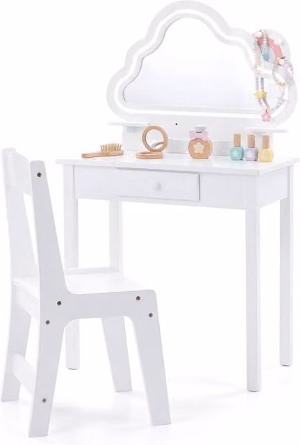 CASART Kids Vanity Set in White with LED Cloud Mirror and Jewelry Rack