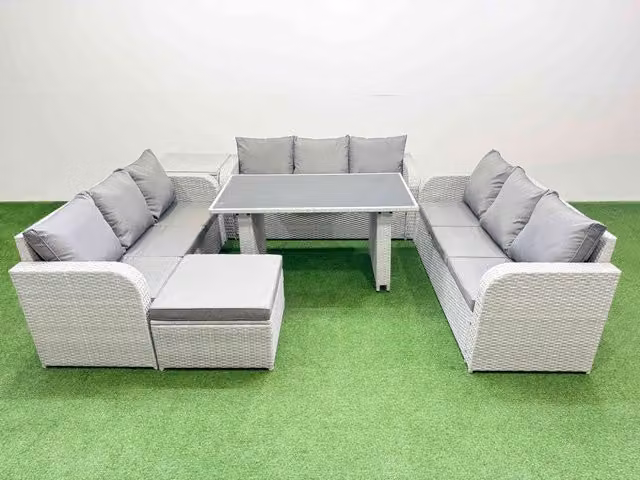 Fimous Modern Rattan Garden Furniture Set with Side Table and Stools in Light Grey