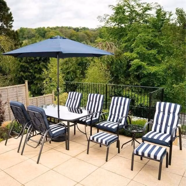 Primrose 6 Seater Reclining Leisure Set with Crank Parasol and Side Table in Navy Blue Striped Metal