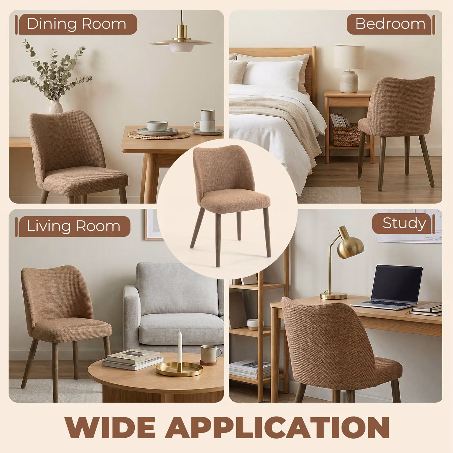 HOMCOM Set of 2 Brown Linen Upholstered Dining Chairs with Rubberwood Legs – 7
