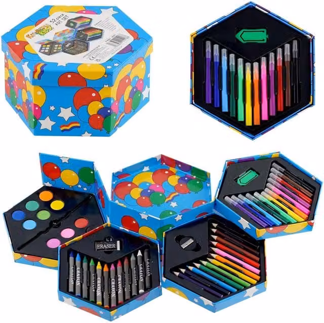 The Magic Toy Shop 52 Piece Multicolour Craft Art Artists Set in a Hexagonal Box