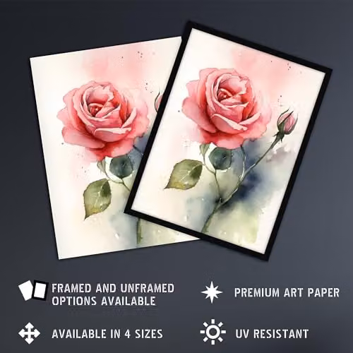 Artery8 Rose Bloom Flower Watercolour Wall Art Print, Green and Pink Floral Paper Poster – 2