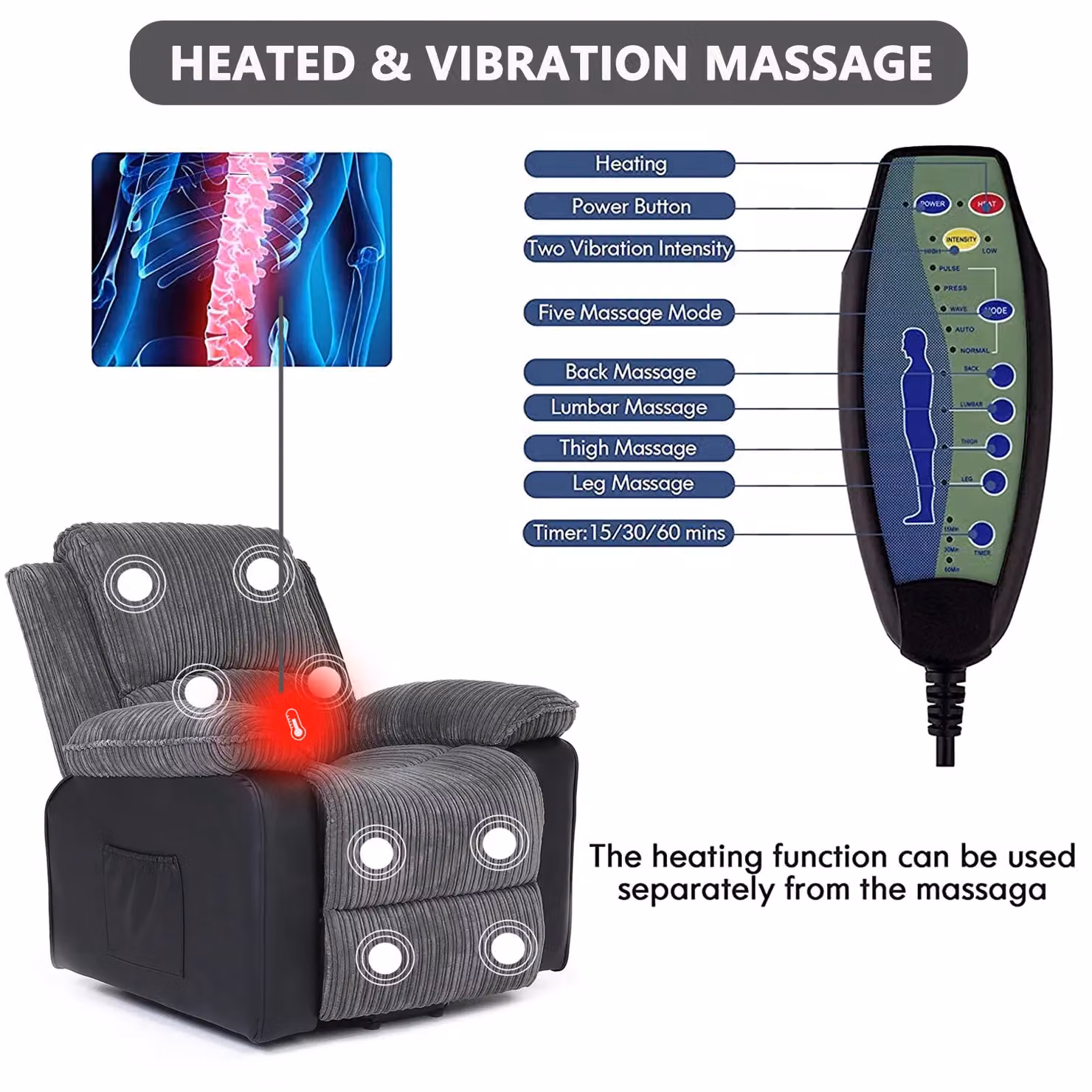 FURNITURE ONE Dual Motor Heated 8 Point Massage Recliner Chair in Grey with Power Lift Assist – 3