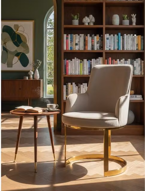 Orsina Modern Beige Velvet Dining Chair with Wood and Metal Legs, W/D/H: 60 x 60 x 94 cm