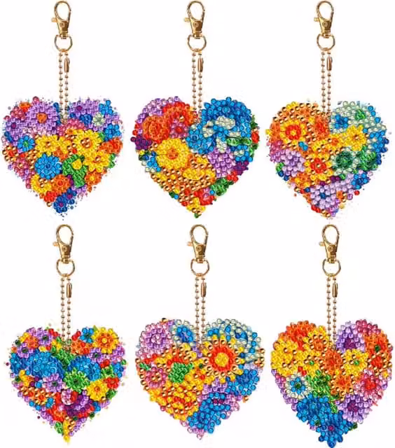 Syntego Pack of 6 Floral Hearts Diamond Art Keyrings in Multicolour and Yellow