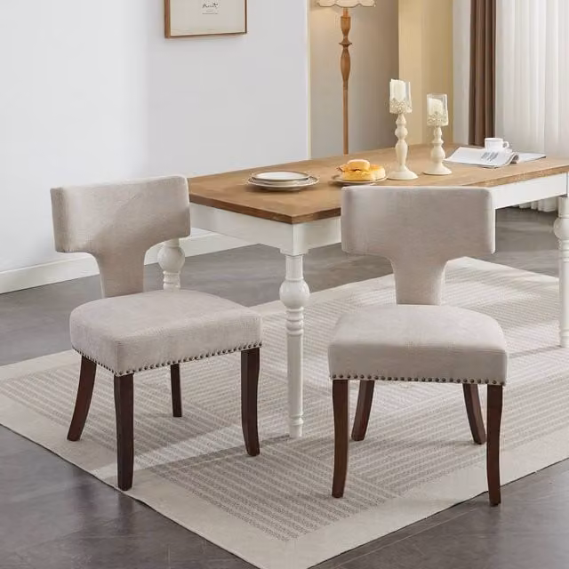 HomeTouch Set of 2 Beige Linen Fabric Upholstered Dining Chairs – 1