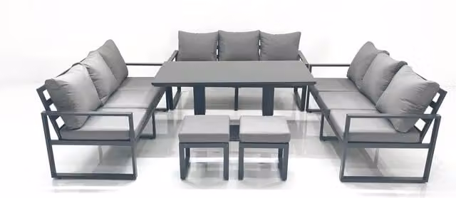 Fimous 11-Seater Garden Sofa Set with Adjustable Rising Dining Table in Dark Grey Anthracite Powder Coated Aluminium and Glass
