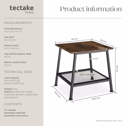 tectake Industrial Design Side Table with MDF and Metal Construction in Brown and Black, W/D/H: 45.5 x 45.5 x 47 cm – 3