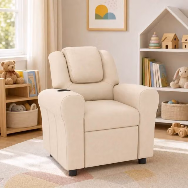 STILVORA Children's Recliner Chair with Integrated Ottoman in Beige