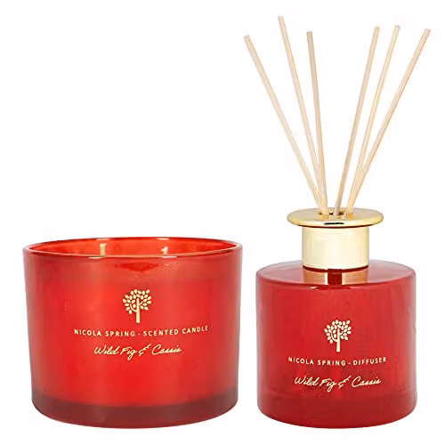 Nicola Spring Wild Fig & Cassis Scented Candle and Reed Diffuser Set in Red - 350g Soy Wax Candle and 200ml Diffuser – 1