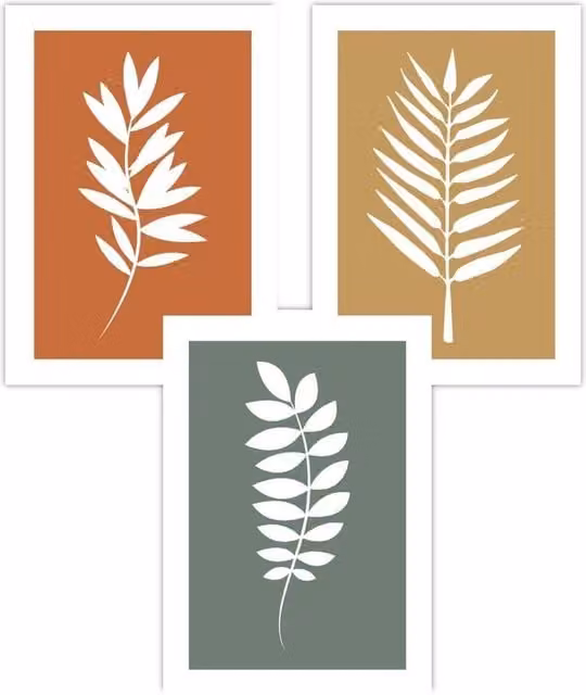 ARTZE Set of 3 Boho Botanical Leaf Art Posters in Orange, Yellow, Green and White, W: 59 cm, H: 84 cm