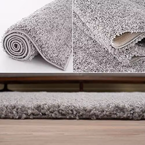 THE RUGS Grey Plain Shaggy Soft High Pile Rectangular Rug, W/D: 60 x 110 cm – 3