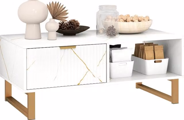 HOMCOM Modern Rectangular Marble Effect Storage Coffee Table in White and Gold – 1