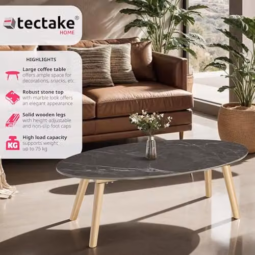 tectake Oval Coffee Table with Marble Stone Top and Height-Adjustable Wooden Legs in Grey, W/D/H: 100 x 50 x 34.5 cm – 3