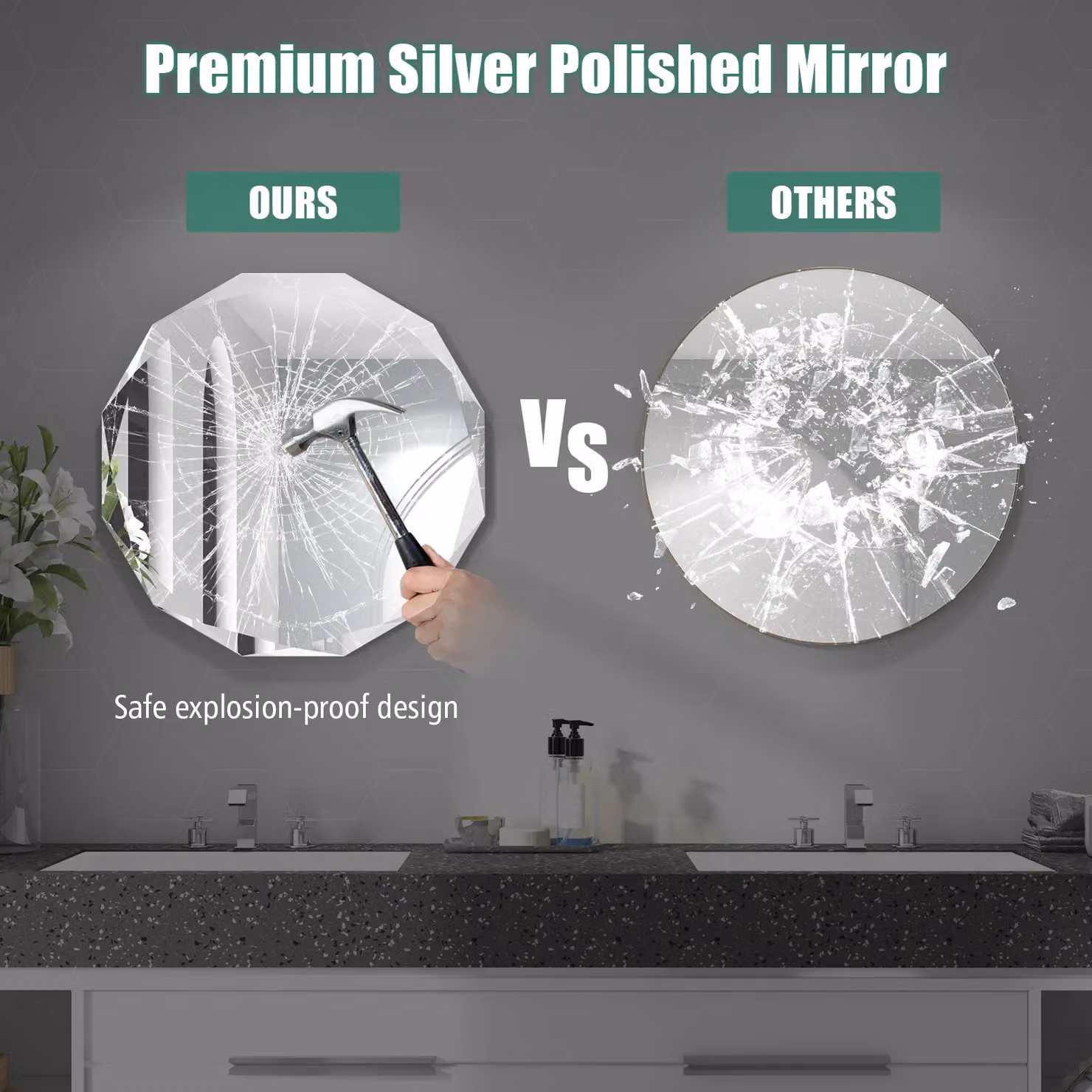 Costway Frameless Rectangular Wall Mounted Bathroom and Makeup Mirror in Silver Polished Glass, W: 76 cm, H: 76 cm – 3
