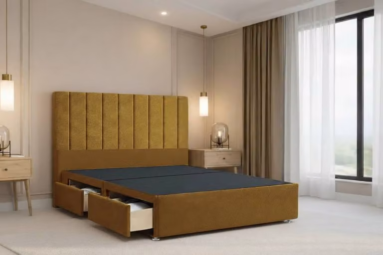 Chester & Oakley Lunar Plush Divan Bed Base with 4 Drawers and Headboard, Yellow Velvet, W/D/H: 180 x 200 cm