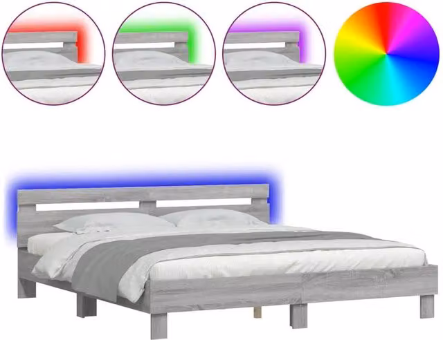 Berkfield Home Super King Bed Frame in Grey Sonoma with LED Under-Bed Lighting and USB Charging Ports, W: 180 cm, D: 200 cm – 1
