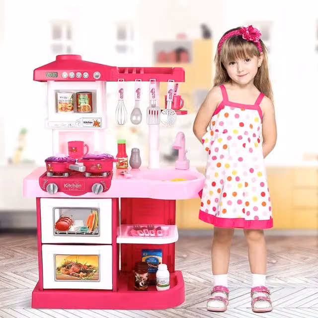 deAO Everyday Pink Kitchen Play Set with Lights and Sound
