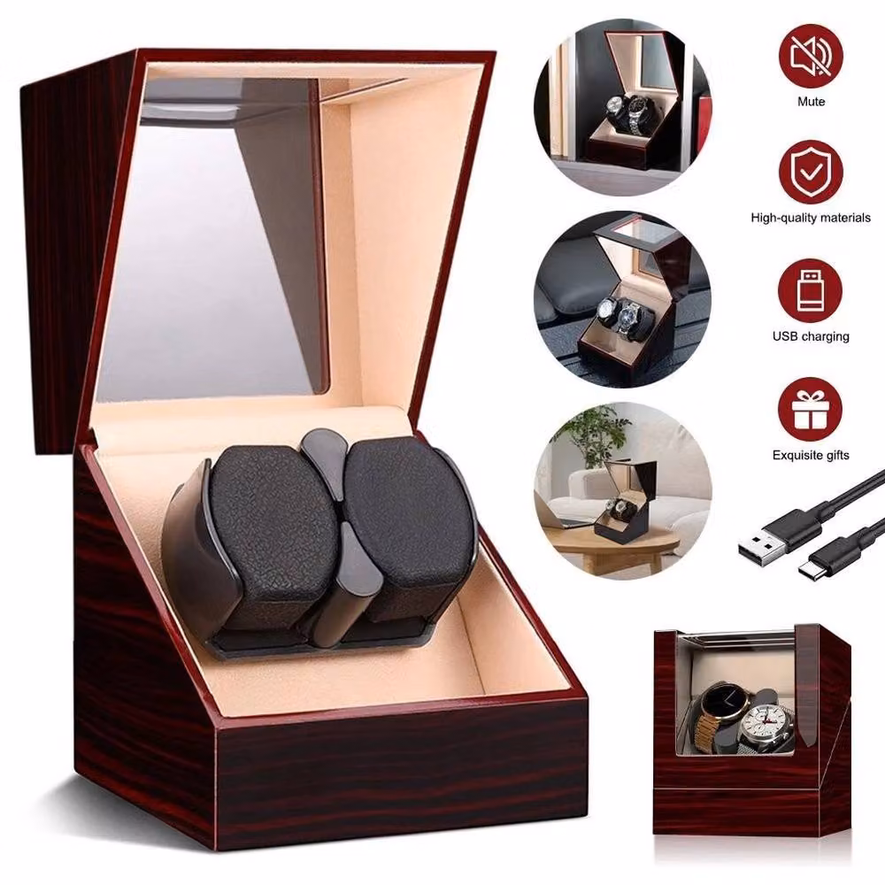 Kelvenix Rotation Storage Case Wooden Display Box with Lid, 2 Grids, Brown, W: 50 cm – 4