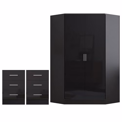 Reflect Modern Black Gloss Bedroom Set with 2 Door Corner Unit and 2x 3 Drawer Bedside Tables – 3