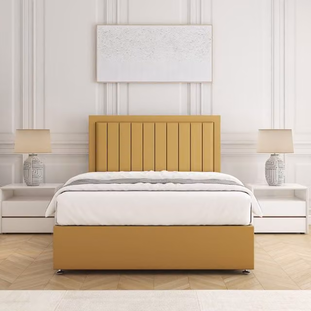 BSSPOKE Zarah King Size Divan Bed Set with 24 inch Headboard and Mattress in Mustard Yellow Plush Velvet