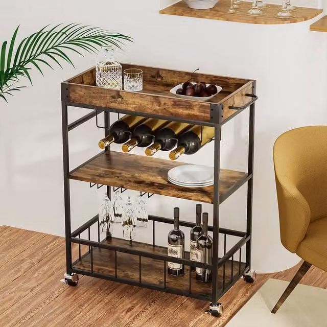 Huhote 3-Tier Industrial Bar Cart with Wine Rack and Handle Serving Trolley in Brown – 1