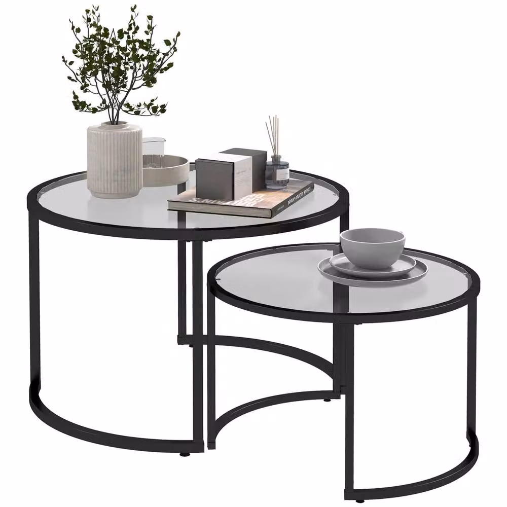 FURNOS Set of 2 Round Black Nesting Tables with Tempered Glass Tops – 8