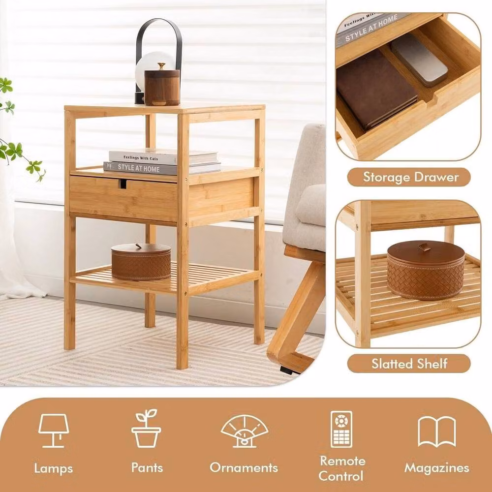 Hinsinc 2 Pack Brown Bamboo Nightstands with Drawer Storage – 3