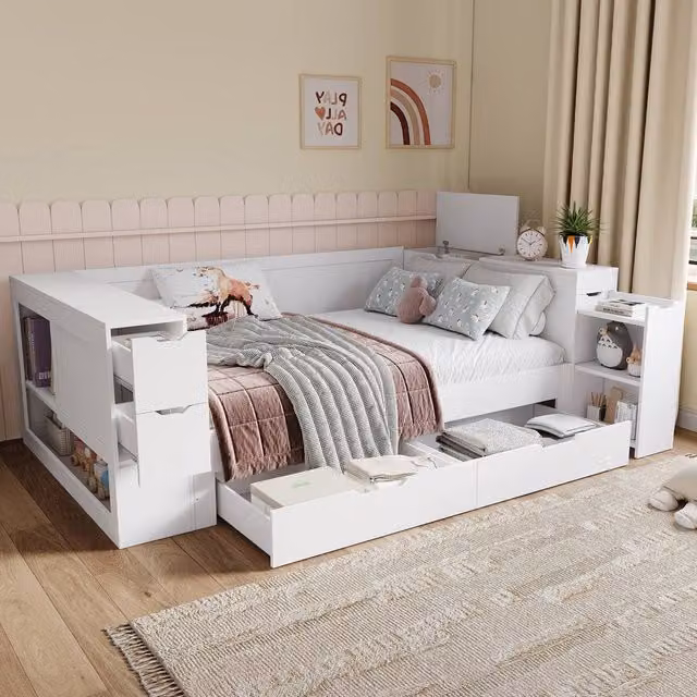 STILVORA Single Day Bed with Drawers and Shelves, White, W/D/H: 90 x 190 cm