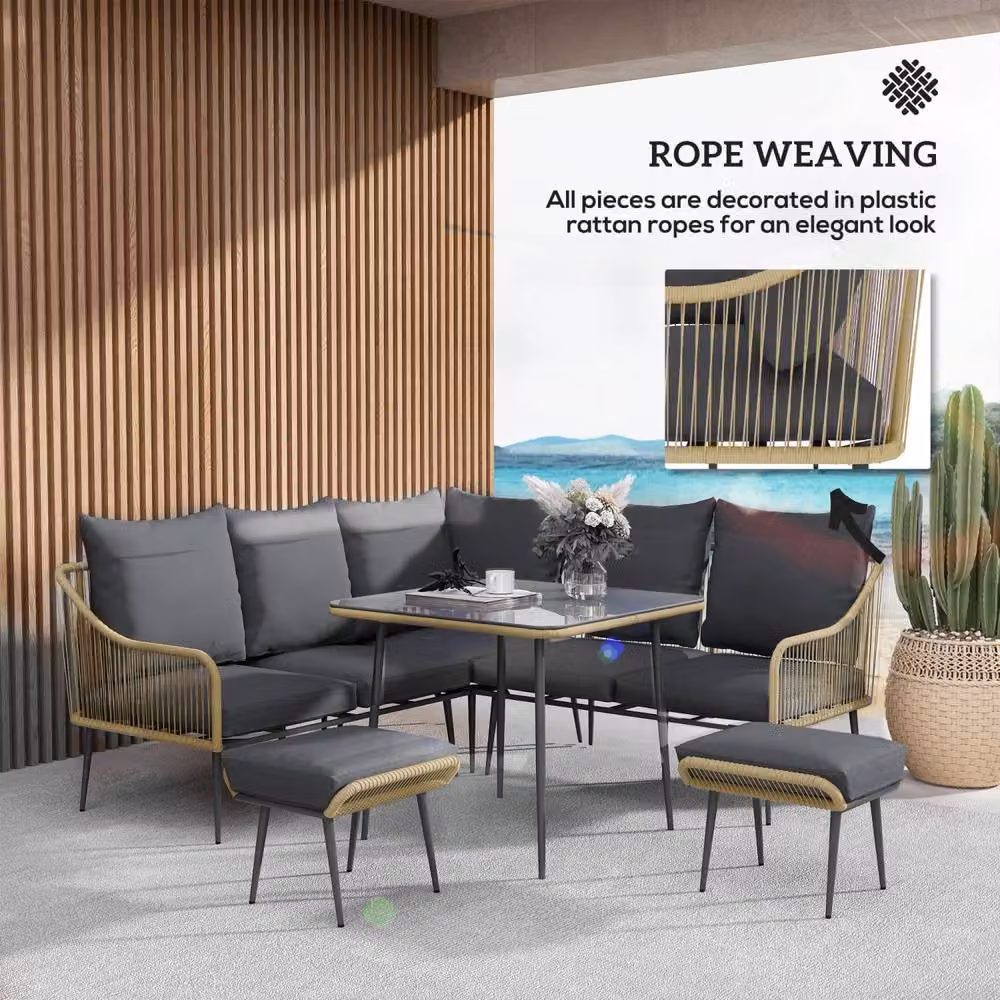 Wyld Haus Nofise 6 Piece Rattan Style Garden Sofa Set with Coffee Table and 2 Stools in Light Brown – 6