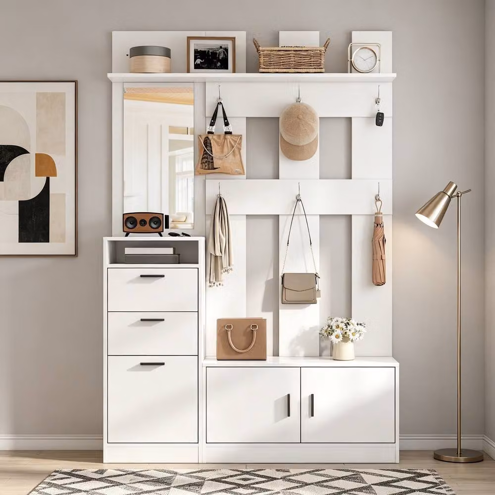 Merax Modern White Hall Tree Storage Unit with Shoe Bench, Mirror and Hooks, H 180 x W 80 x D 30 cm – 3
