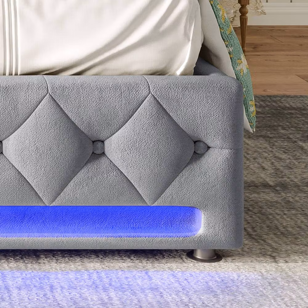 BTM Grey Velvet Upholstered Bed with 4 Drawers, USB Charging Port and LED Under-Bed Lighting, W/D/H: 140 x 190 x 45.5 cm – 6
