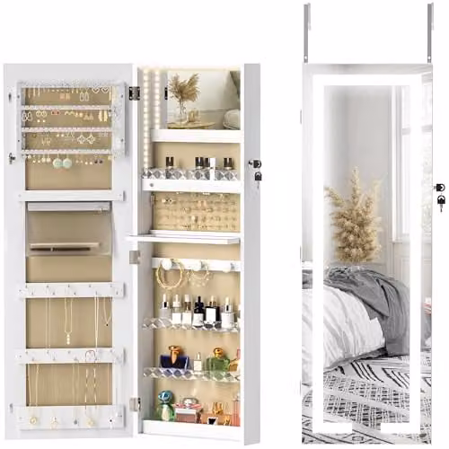 HOMCOM White LED Mirror Jewellery Cabinet, Wall Mounted with Integrated Lighting and Lock, H 108 x W 37 x D 10 cm – 1