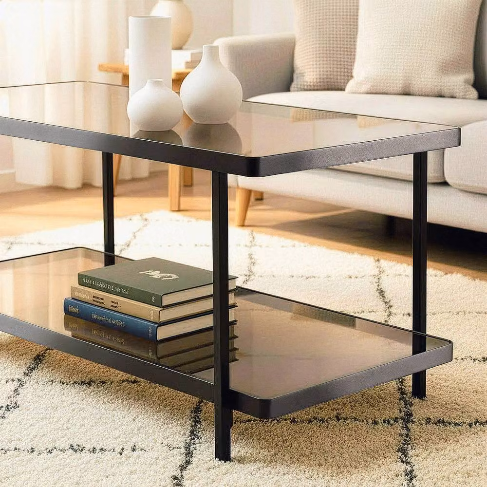 CALICOSY ORA Industrial Rectangular Coffee Table with Black Metal Frame and Smoked Glass Tops, W: 100 cm, D: 50 cm, H: 48 cm – 2