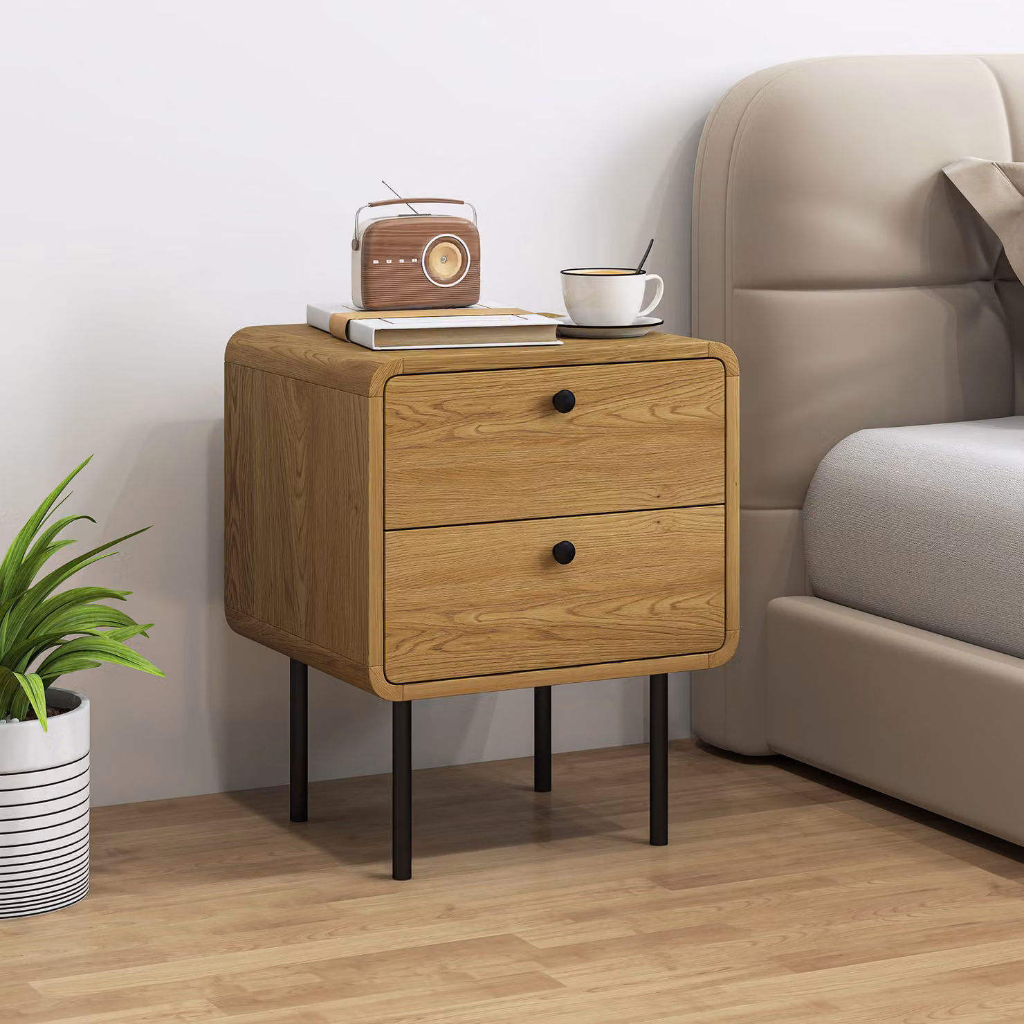 HOMCOM Modern Oak Bedside Table with 2 Drawers and Steel Legs – 2