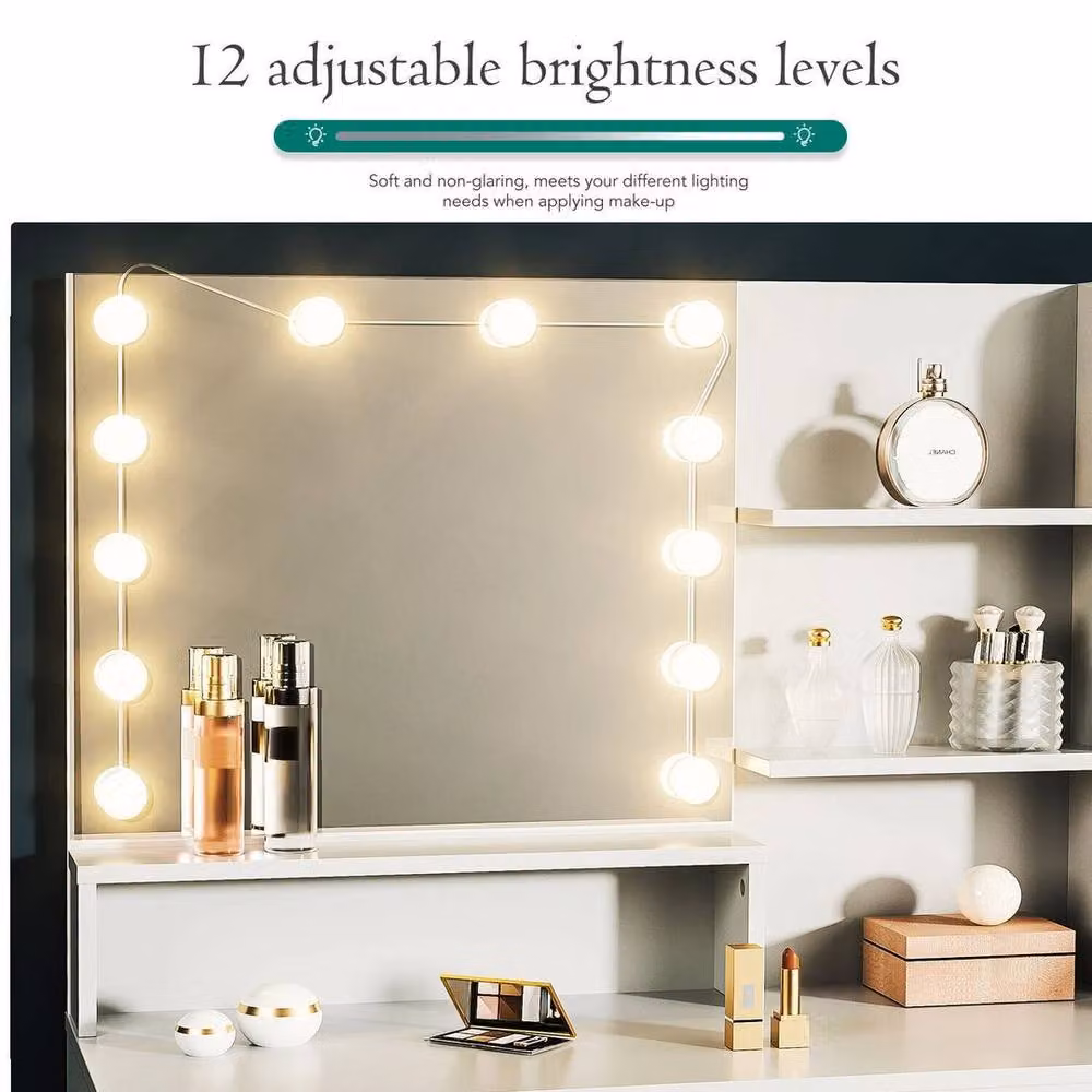 FORGEVIO Modern White Dressing Table with 5 Drawers and Hollywood LED Mirror Set – 3