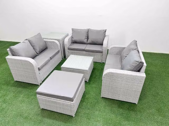 Fimous 7 Seater PE Wicker Rattan Garden Furniture Set in Light Grey with Coffee Table, 2 Seater Sofa, Footstool and Side Table
